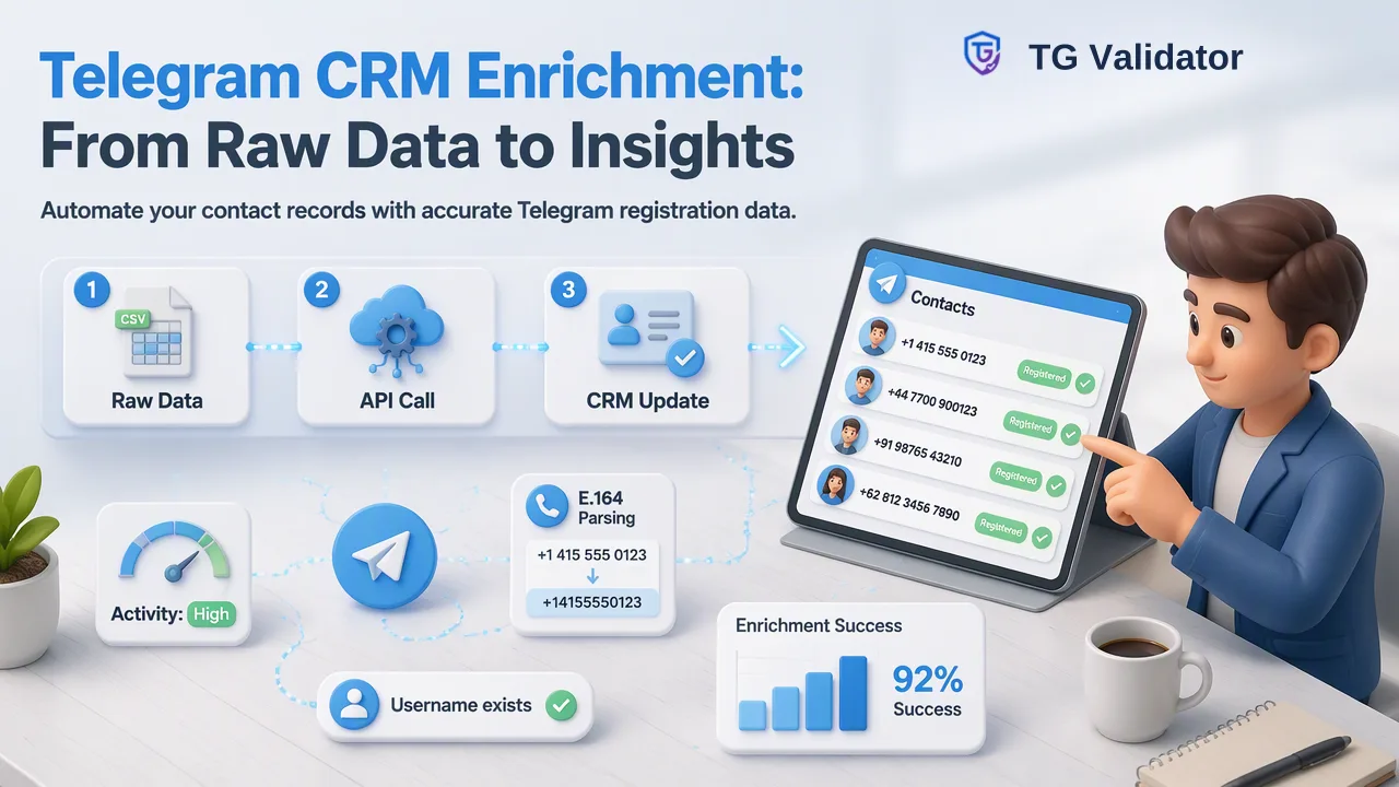 TG Validator workflow illustration for Telegram CRM Contact Enrichment: Adding Registration Data to Contact Records