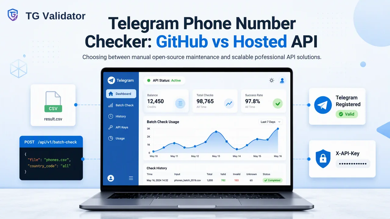 TG Validator workflow illustration for Telegram Phone Number Checker on GitHub vs a Hosted API